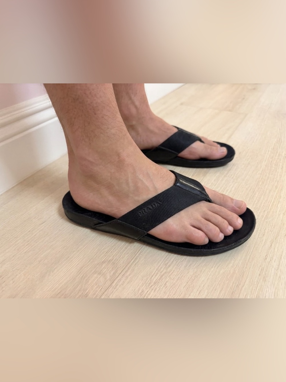 Prada Mens Black Leather Nylon Linea Rossa Flip Flop Sandals Slides Size US 11